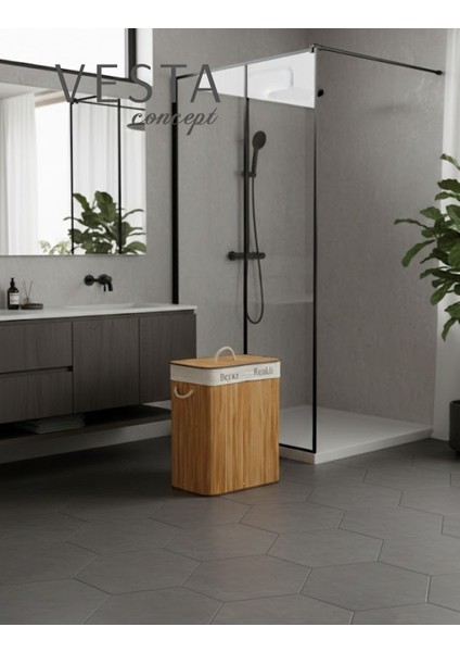 Doğal Bambu Iki Bölmeli Kirli Çamaşır Sepeti - 75 Litre, Geniş Hacimli - Katlanabilir - Şık Tasarım