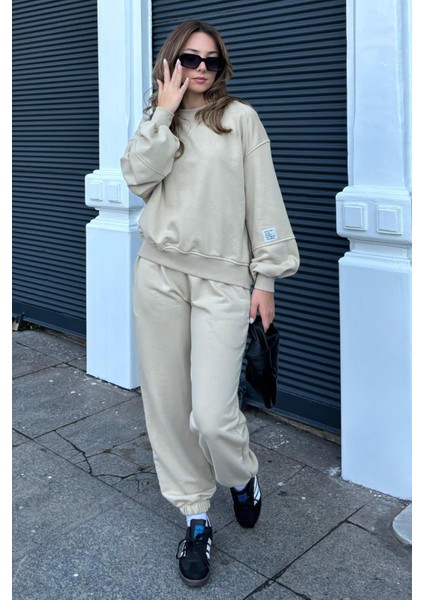 Bej Bisiklet Yaka Arma Detaylı Kadın Eşofman Takımı MG2186 fiyatları