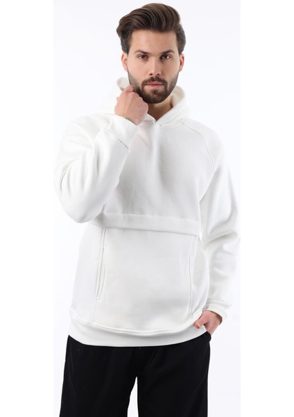 Ekru Kapüşonlu Cep Detaylı Erkek Sweatshirt 7092