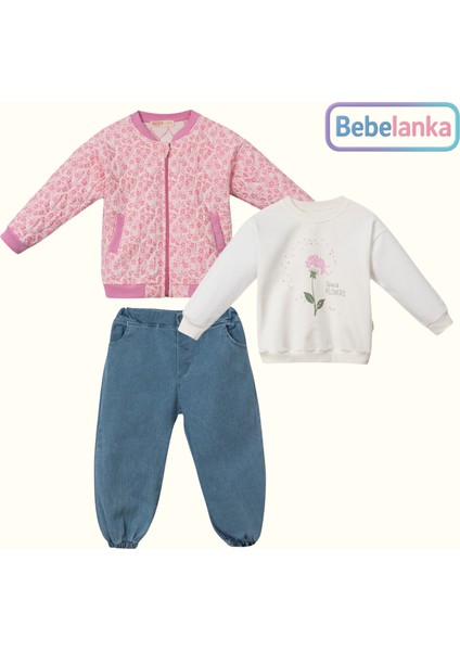 Kız Çocuk Çiçekli Bomber Ceket Sweatshirt ve Jean Pantolon 3'lü Takım