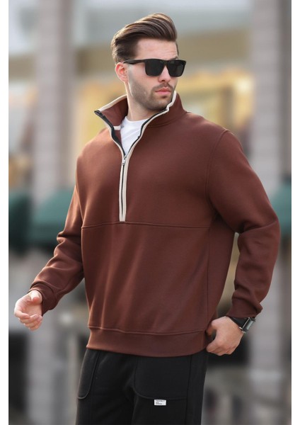 Acı Kahverengi Dik Yaka Yarım Fermuarlı Sweatshirt 7079