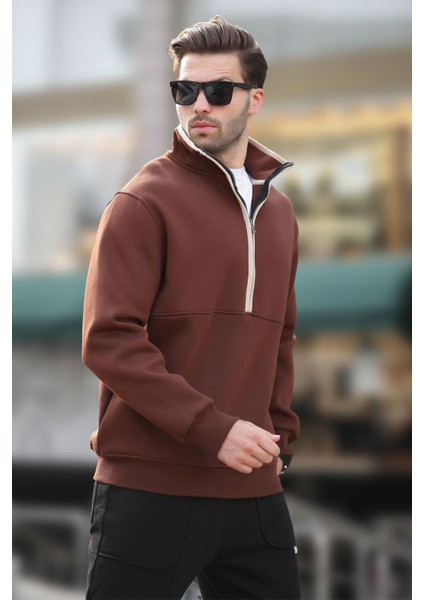 Acı Kahverengi Dik Yaka Yarım Fermuarlı Sweatshirt 7079 modelleri
