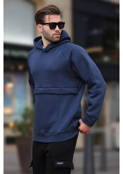 Lacivert Kapüşonlu Cep Detaylı Erkek Sweatshirt 7092