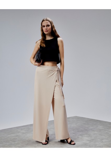 Kadın Lastikli Yüksek Belden Bağlamalı Geniş Paça Pantolon