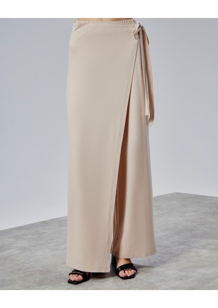 Kadın Lastikli Yüksek Belden Bağlamalı Geniş Paça Pantolon