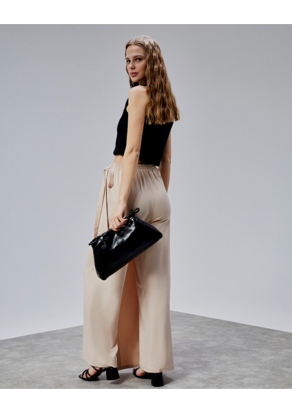 Kadın Lastikli Yüksek Belden Bağlamalı Geniş Paça Pantolon