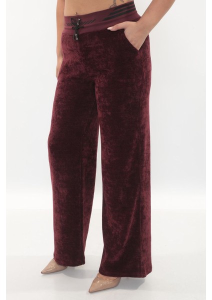 Büyük Beden Fitilli Kadife Toparlayıcı Lastikli Yüksek Bel Boru Paça Kadın Pantolon