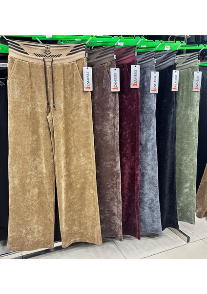 Büyük Beden Fitilli Kadife Toparlayıcı Lastikli Yüksek Bel Boru Paça Kadın Pantolon indirimleri