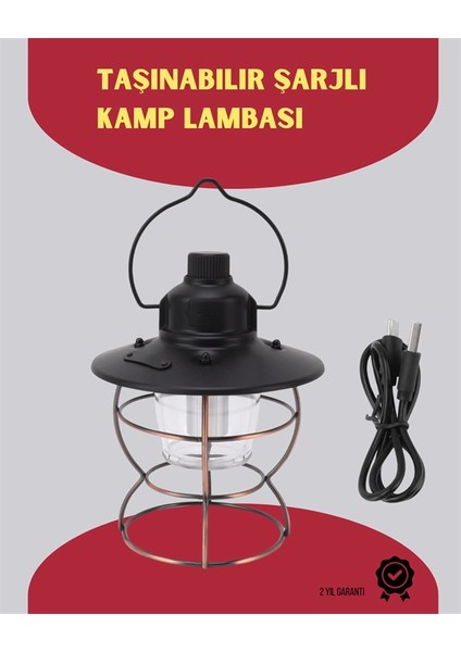 USB Şarjlı Retro LED Kamp Feneri – 4 Işık Modu, Su Geçirmez, Taşınabilir