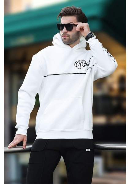 Ekru Kapüşonlu Şerit Detaylı Baskılı Erkek Sweatshirt 7091