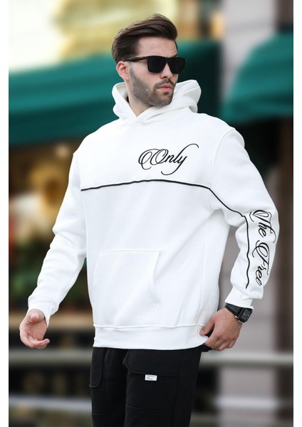 Ekru Kapüşonlu Şerit Detaylı Baskılı Erkek Sweatshirt 7091 fiyatları