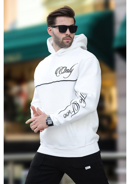 Ekru Kapüşonlu Şerit Detaylı Baskılı Erkek Sweatshirt 7091 modelleri
