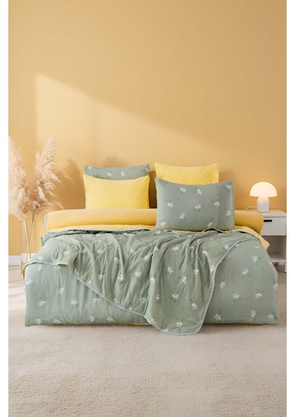 Yeşil Papatya Çift Kişilik Nevresimli Pike Takımı - 7 Parça Çeyiz Seti