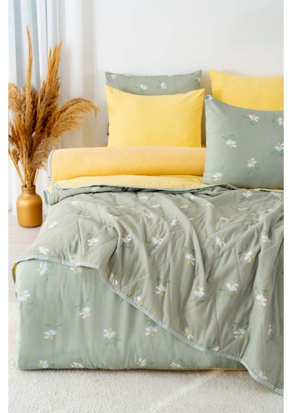 Yeşil Papatya Çift Kişilik Nevresimli Pike Takımı - 7 Parça Çeyiz Seti fiyatları