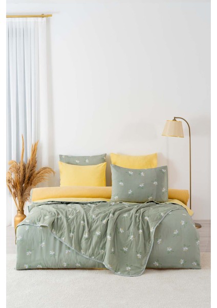 Yeşil Papatya Çift Kişilik Nevresimli Pike Takımı - 7 Parça Çeyiz Seti modelleri