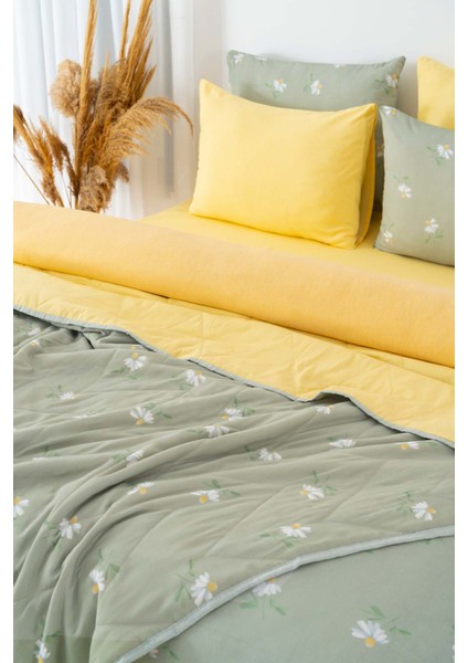 Yeşil Papatya Çift Kişilik Nevresimli Pike Takımı - 7 Parça Çeyiz Seti fırsatları