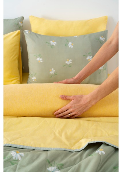 Yeşil Papatya Çift Kişilik Nevresimli Pike Takımı - 7 Parça Çeyiz Seti indirimleri