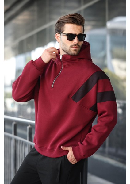 Bordo Fermuarlı Yaka Kapüşonlu Erkek Sweatshirt E7161