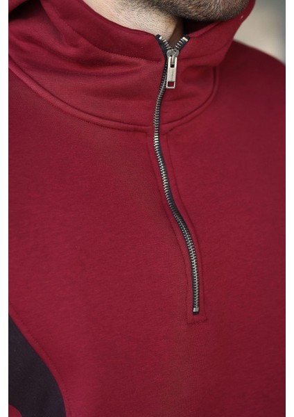 Bordo Fermuarlı Yaka Kapüşonlu Erkek Sweatshirt E7161 modelleri