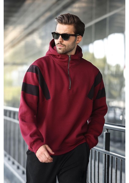 Bordo Fermuarlı Yaka Kapüşonlu Erkek Sweatshirt E7161 fırsatları