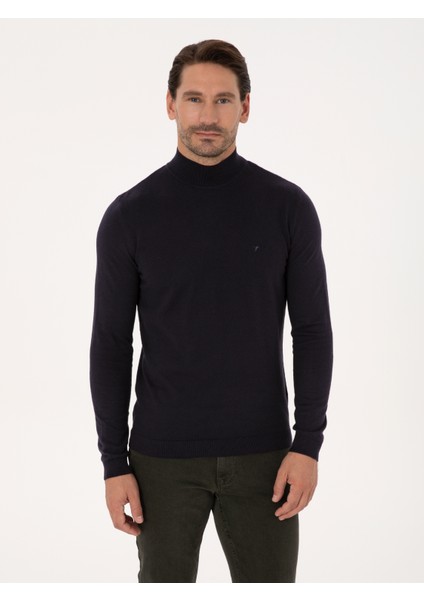 Erkek Lacivert Slim Fit Pamuk Karışımlı Yarım Balıkçı Yaka Basic Triko Kazak 50318619-VR033