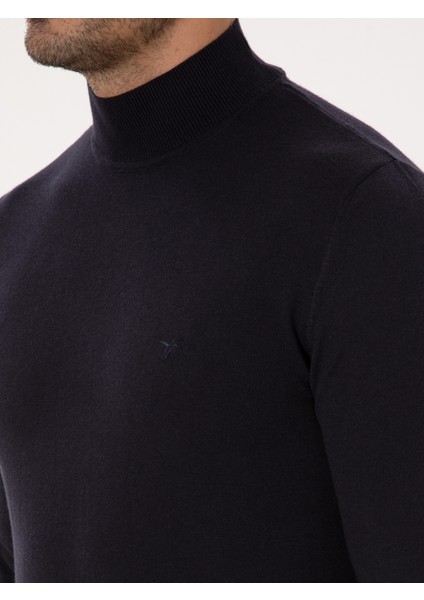 Erkek Lacivert Slim Fit Pamuk Karışımlı Yarım Balıkçı Yaka Basic Triko Kazak 50318619-VR033