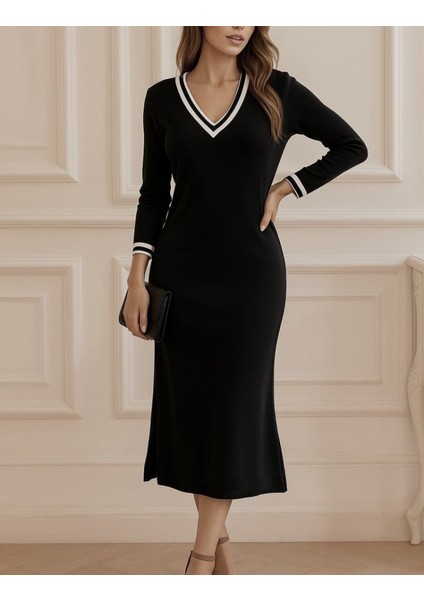 Kadın Uzun Kollu V Ribana Yakalı Yanlardan Yırtmaçlı Midi Viskon Iki Iplik Elbise modelleri