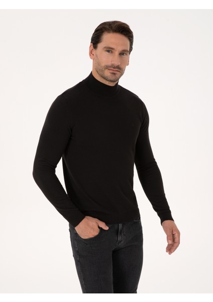 Erkek Siyah Slim Fit Pamuk Karışımlı Yarım Balıkçı Yaka Basic Triko Kazak 50318619-VR046