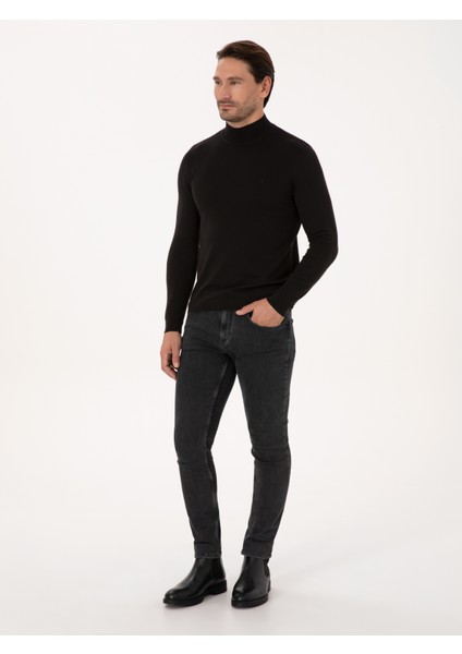 Erkek Siyah Slim Fit Pamuk Karışımlı Yarım Balıkçı Yaka Basic Triko Kazak 50318619-VR046 fırsatları