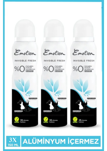 3 Adet Emotion Invisible Fresh Black & White Kadın Deodorant 150ML Vegan, Leke Bırakmaz