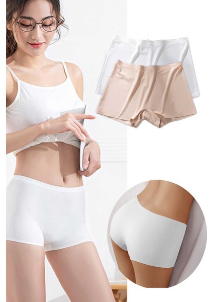 2 Adet Kadın Dikişsiz Görünmez Iz Yapmaz Mini Şort Boxer Beyaz Ten