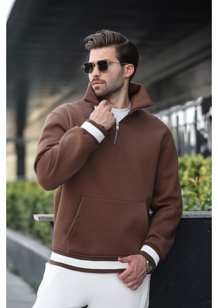 Kahverengi Fermuarlı Dik Yaka Kanguru Cep Erkek Sweatshirt E7159