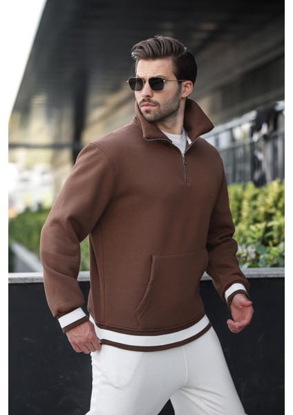 Kahverengi Fermuarlı Dik Yaka Kanguru Cep Erkek Sweatshirt E7159 fiyatları