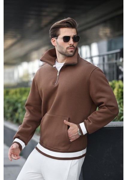 Kahverengi Fermuarlı Dik Yaka Kanguru Cep Erkek Sweatshirt E7159 modelleri