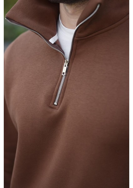 Kahverengi Fermuarlı Dik Yaka Kanguru Cep Erkek Sweatshirt E7159 fırsatları