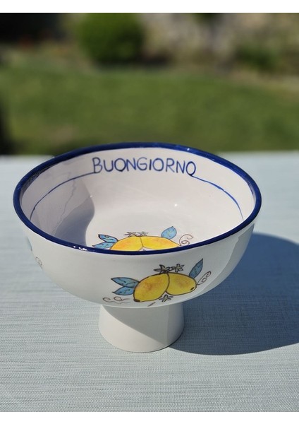 1 Adet El Yapımı El Boyaması 24CM Çapında Seramik Büyük Meyvelik - Limon Desenli \'\'buongiorno\'\' modelleri