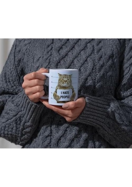 Kedili Kupa Bardak Komik Yazılı I Hate People Hediyelik Kahve Çay Kupası