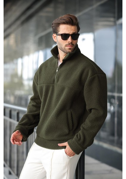 Haki Yarım Fermuarlı Dik Yaka Polar Sweatshirt E7165