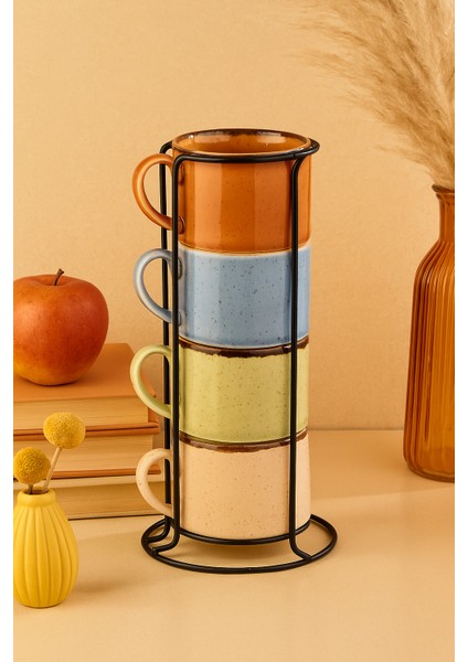 Kadıkızı 5 Parça Calma Mora 4 Kişilik Porselen Istiflenebilir Çay Fincan Takımı (Tabaksızdır)