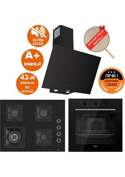 Flowart&silentart Soon Sessiz Siyah Ankastre Set ( D077-SA + QBL62CS + SC405-WFA Wok )