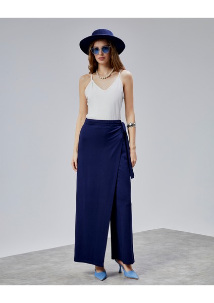 Kadın Lastikli Yüksek Belden Bağlamalı Geniş Paça Pantolon