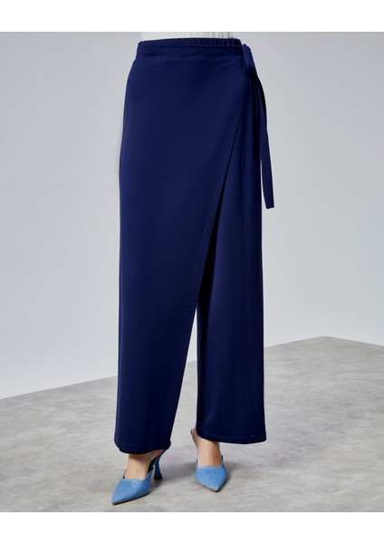 Kadın Lastikli Yüksek Belden Bağlamalı Geniş Paça Pantolon