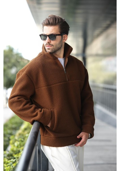 Kahverengi Yarım Fermuarlı Dik Yaka Polar Sweatshirt E7165