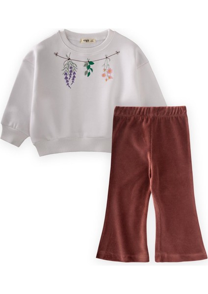 Çiçek Nakışlı Sweatshirt Takım 1-10 Yaş Beyaz