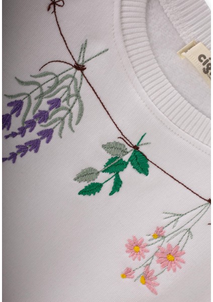 Çiçek Nakışlı Sweatshirt Takım 1-10 Yaş Beyaz modelleri