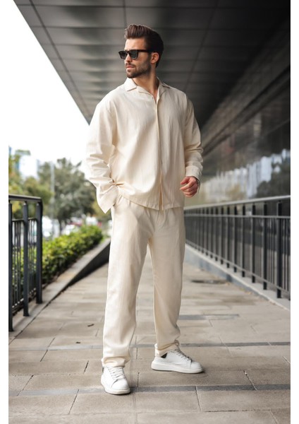 Ekru Düğmeli Basic Erkek Gömlek Pantolon Takım E7335