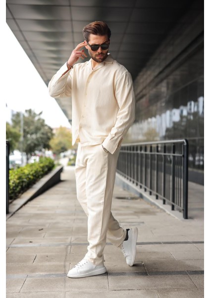 Ekru Düğmeli Basic Erkek Gömlek Pantolon Takım E7335 fiyatları