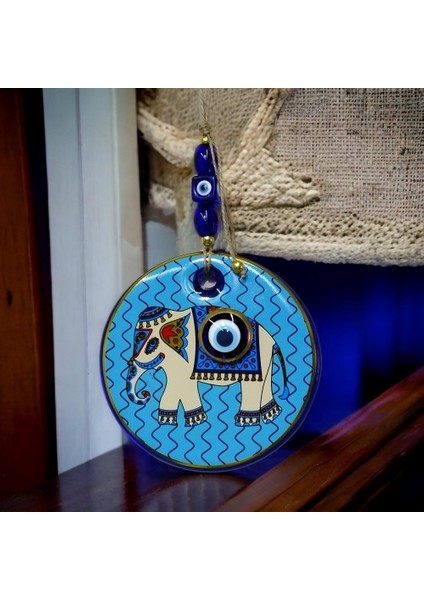 Yaldızlı Fil Modelli Nazar Boncuklu Duvar Süsü Mavi Camlı Duvar Dekoru