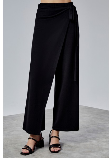 Kadın Lastikli Yüksek Belden Bağlamalı Geniş Paça Pantolon indirimleri