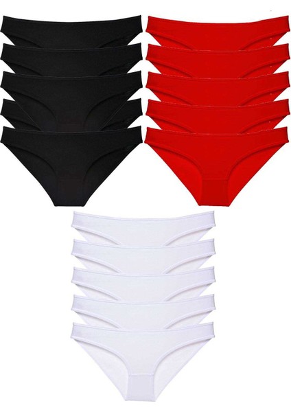 15 Adet Süper Eko Set Likralı Kadın Slip Külot Siyah Kırmızı Beyaz